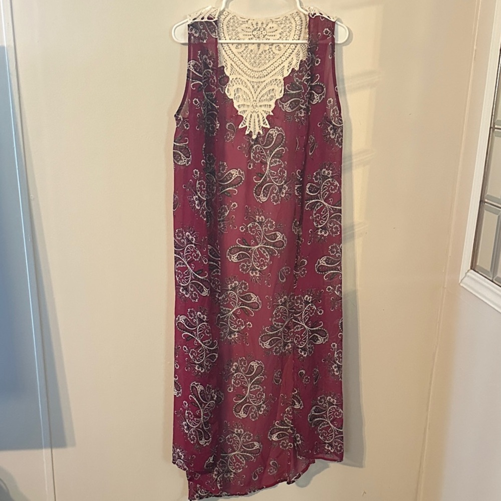 Crochet Neck Burgundy Paisley Maxi Dress